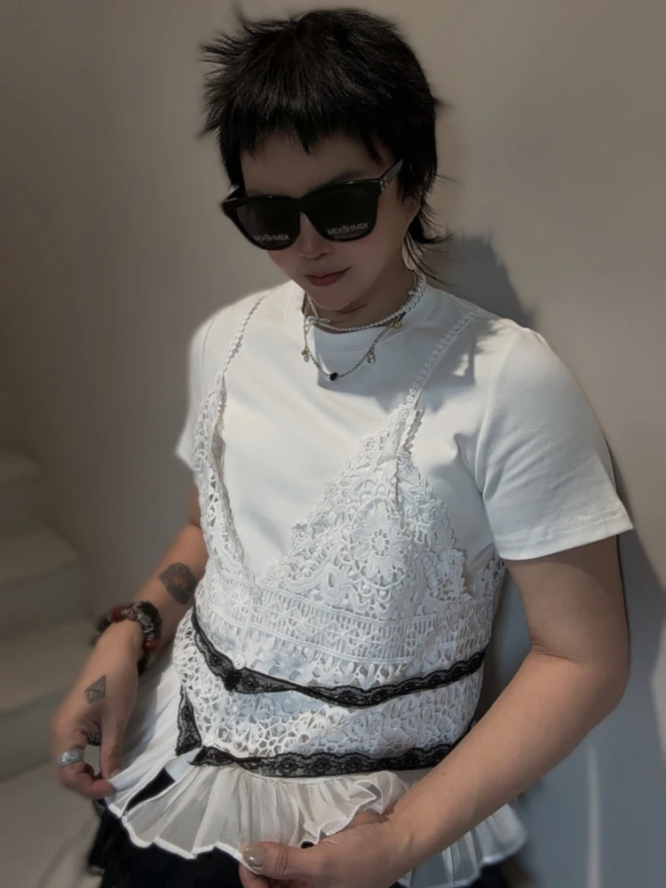 【济州岛】蕾丝吊带拼接假两件短袖