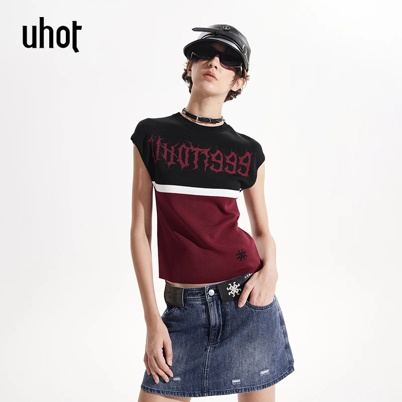 UHOT 黑红色半高领条纹拼接圆领打底针织上衣女优雅气质UWWR3N369