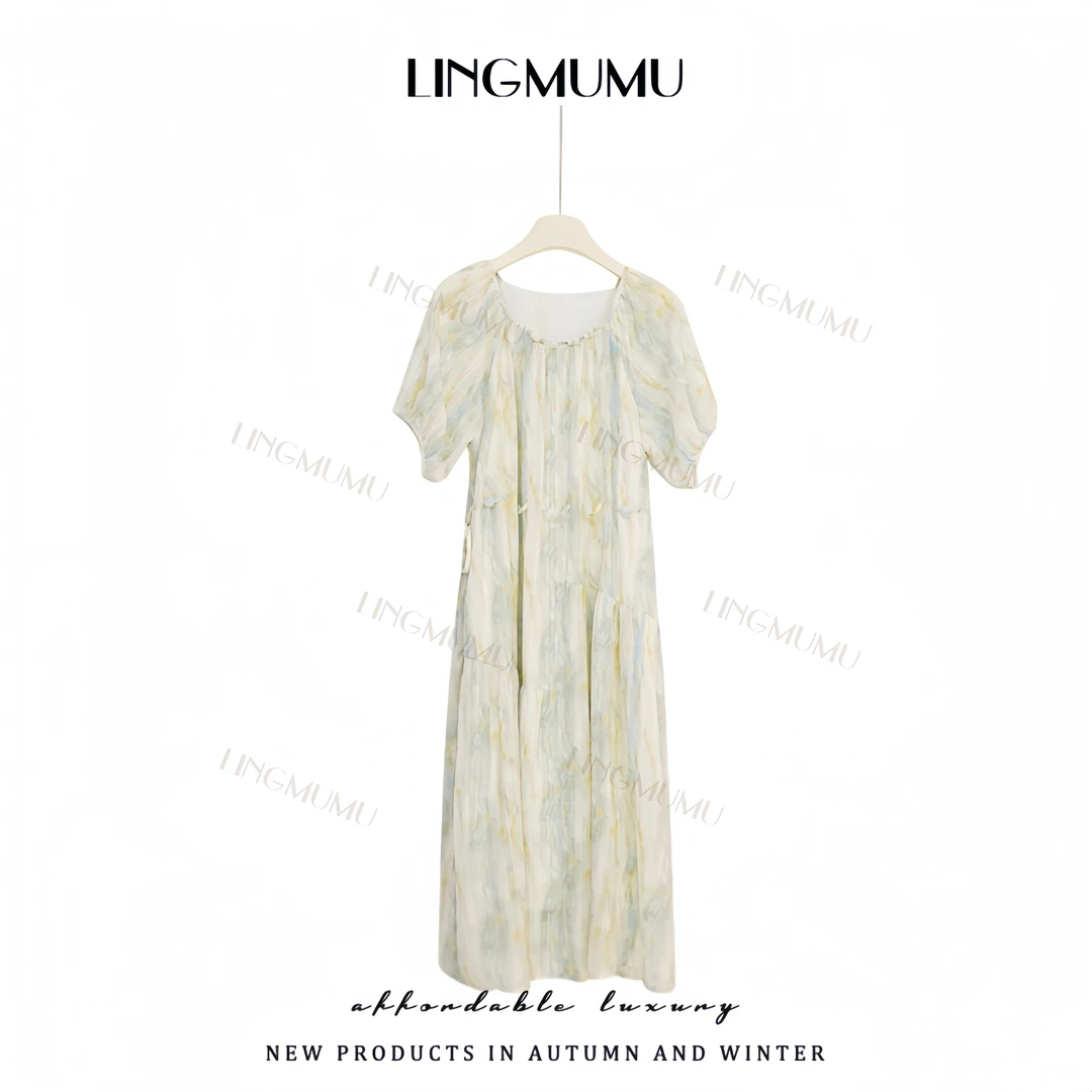 JX《藏青丝语》夏季新款韩版时尚方领系带收腰显瘦连衣裙女宽松2581