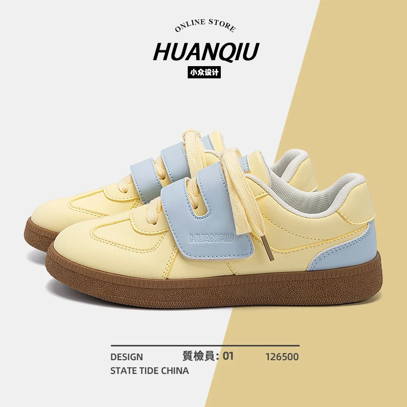 环球平底黄色德训鞋女款2025新款夏季百搭小众学生魔术贴休闲女鞋