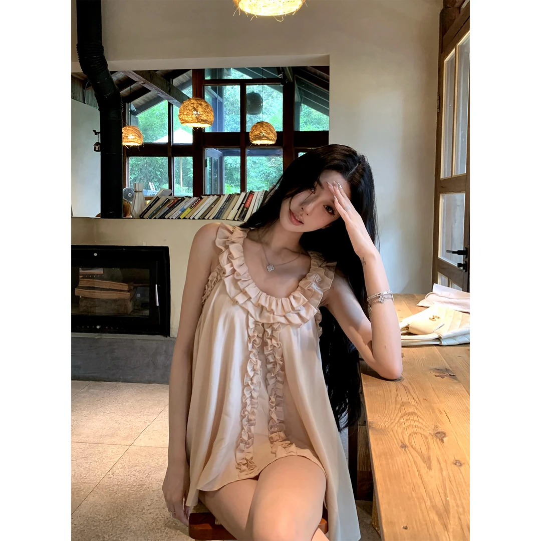 Barb Chill 雪纺蕾丝衫木耳边背心夏氛围感U领宽松吊带无袖上衣