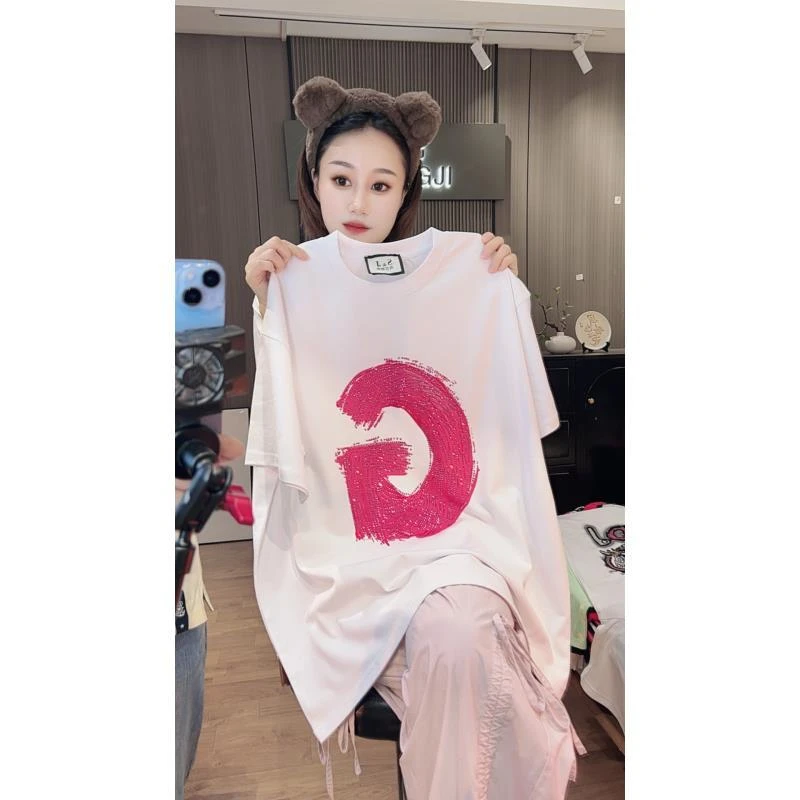 新款（彩绘G红}高颜值老板娘气质款烫钻百搭T恤宽松休闲夏季新品