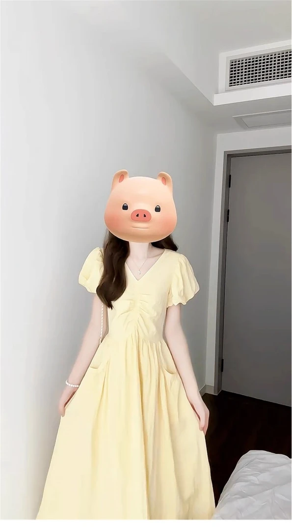 【现货+运补】法式温柔气质v领长裙收腰黄色泡泡袖连衣裙5164