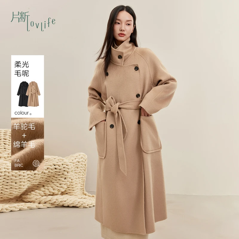 片断毛呢外套女2025冬季新款立领双排扣复古大廓形优雅长款大衣