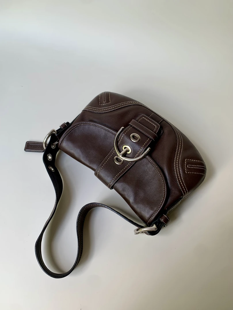 95新 COACH/蔻驰 vintage经典棕色中古豌豆机车翻盖单肩腋下包