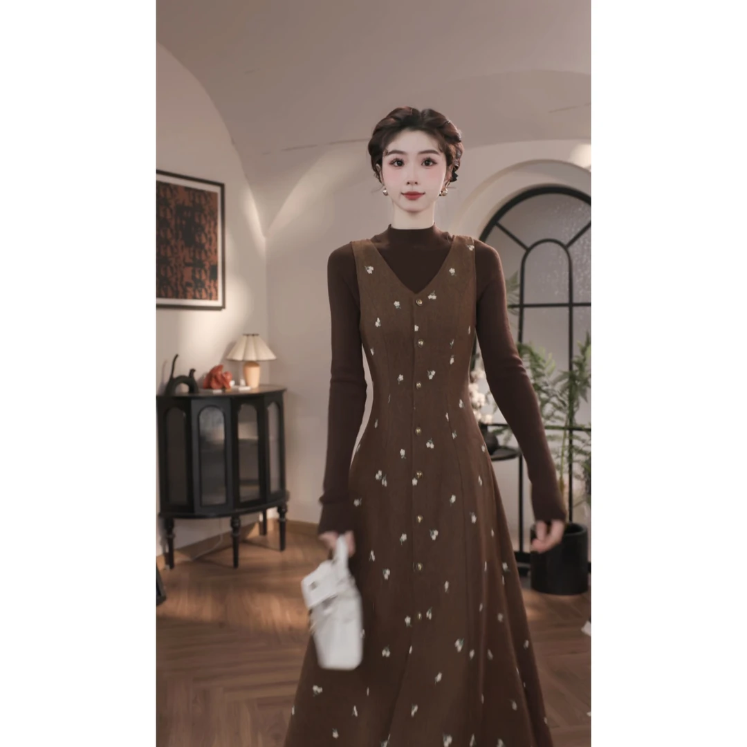 薇宝儿婷婷【林园玉兰】秋冬羊毛气质显瘦收腰背心连衣裙-50823F