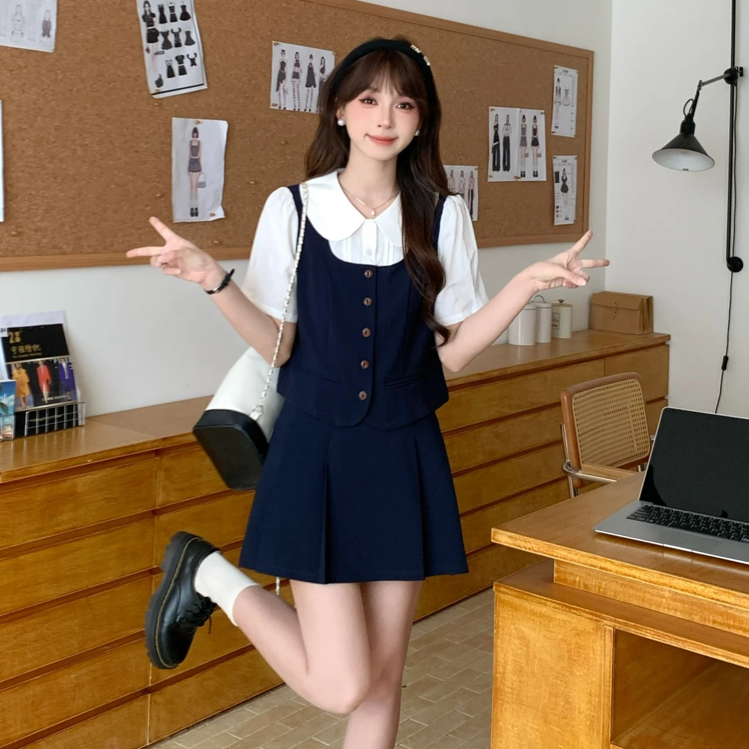 慕兔日杂感复古娃娃领衬衫搭百褶半身裙女2025新款学院风两件套