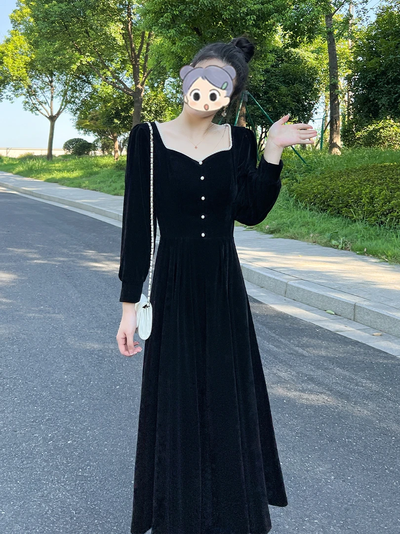 法式赫本风长袖连衣裙女秋季2025年新款收腰显瘦气质黑色减龄长裙