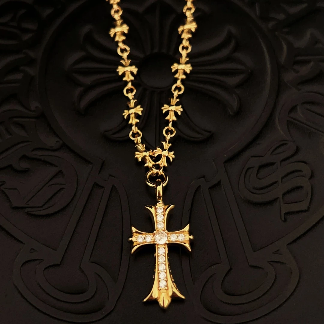 铜合金项链 【029】JJ同款金色一体链克罗十字架项链机车风男士项链