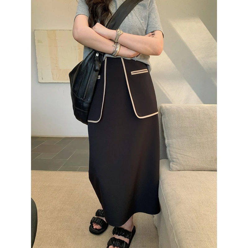 任小艺包臀裙镶边黑色设计感半身裙女A1616