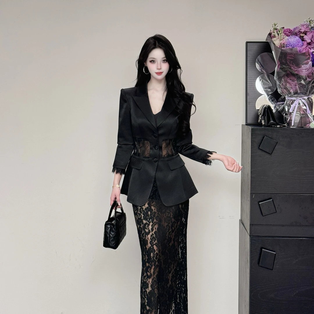 【午夜黎境】中长款镂空单排扣百搭宽松型西装西服2596+2596-2