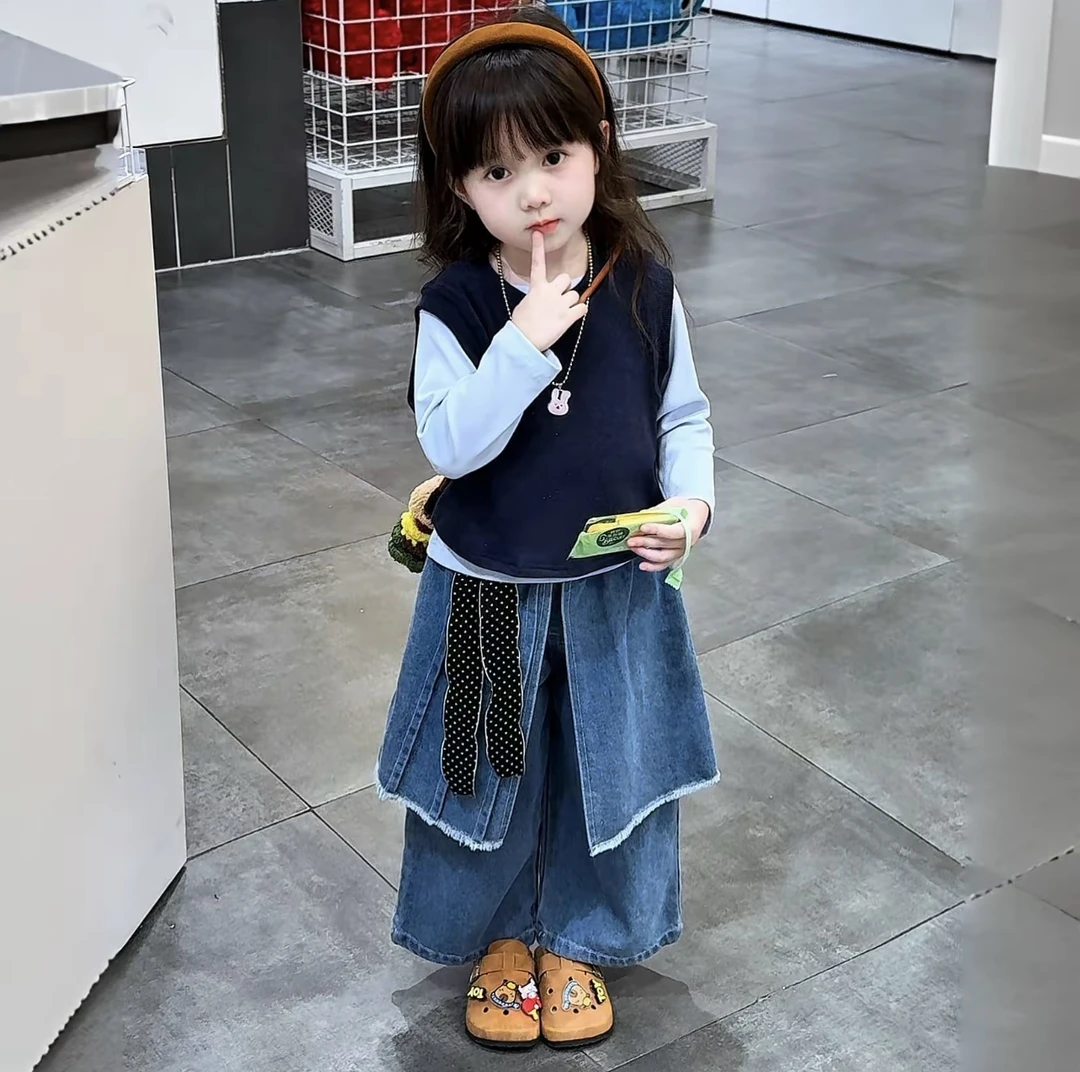 女童秋款纯色打底衫背心带屁帘牛仔裤2025韩系甜酷休闲洋气穿搭潮