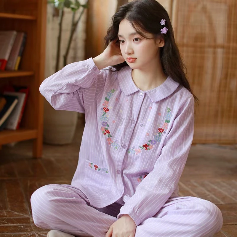 秋季女士纯棉睡衣双层棉纱时尚刺绣大码宽松长袖长裤家居服套装