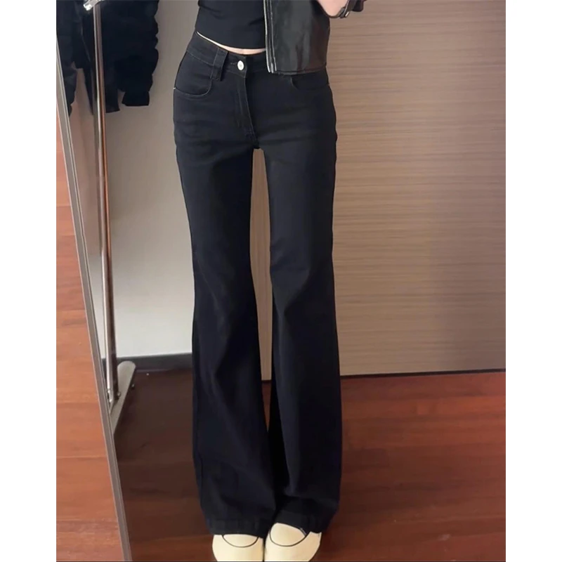 黑色高腰微喇牛仔裤女秋季新款辣妹修身弹力显瘦百搭直筒喇叭裤子