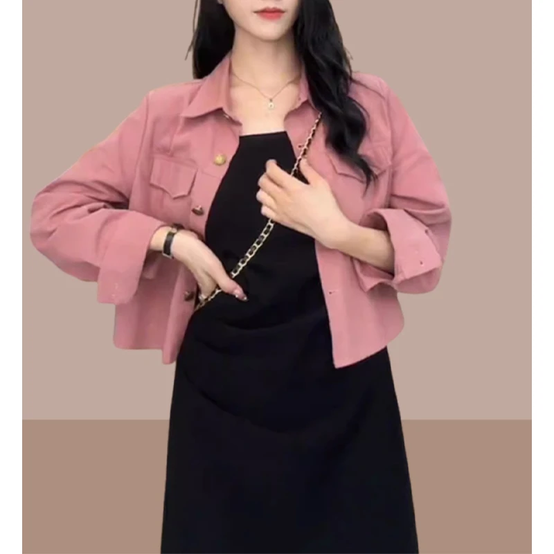 时尚短款衬衫外套女士2025春秋新款吊带裙外搭两件套设计感套装裙