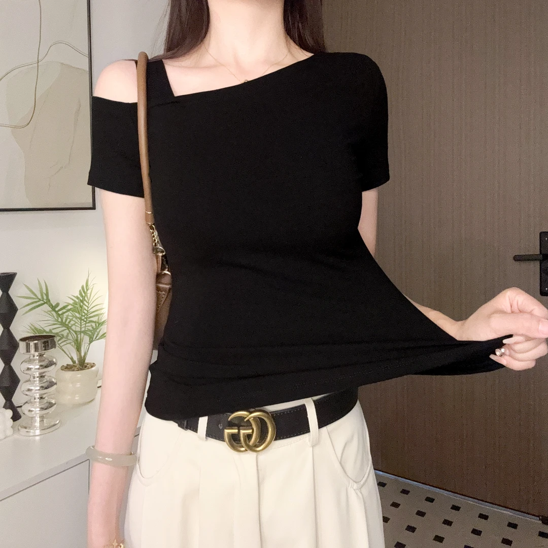 薇帛2025新款一字肩露肩修身短袖t恤女夏设计感小众气质斜肩上衣
