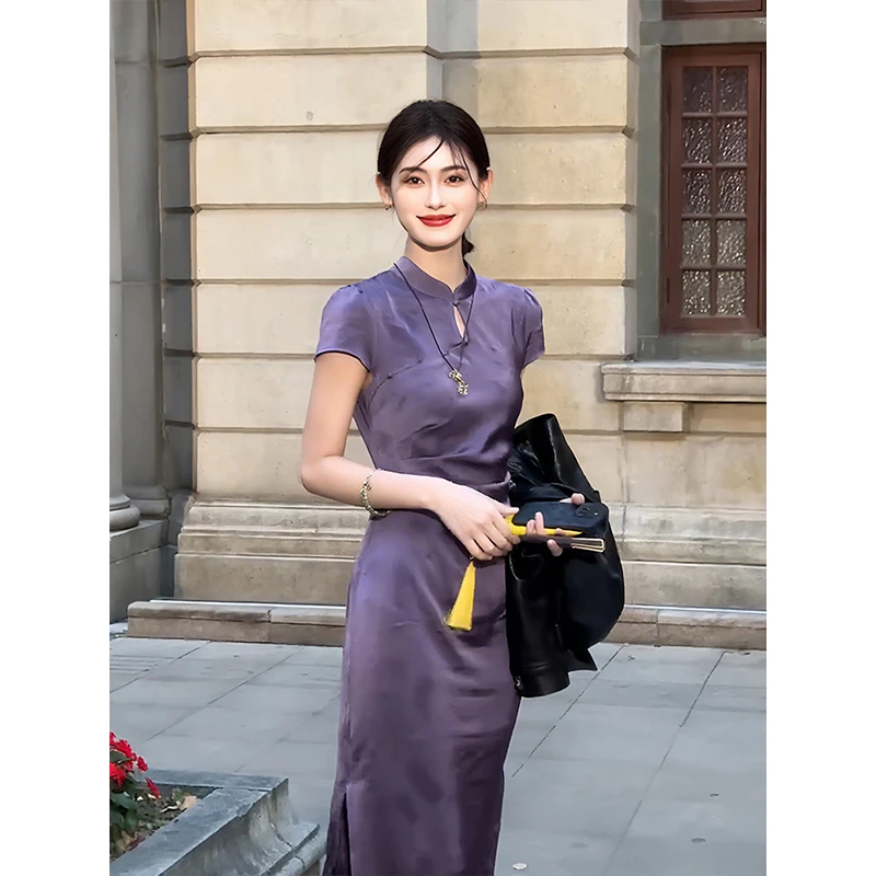 【清光】新中式蝴蝶印花改良旗袍女春夏缎面压褶旗袍连衣裙