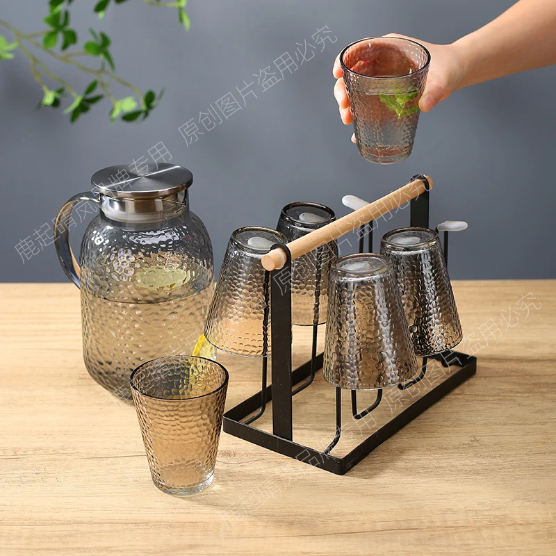 1800毫升水具7件套烟灰色轻奢高硼硅玻璃水壶水杯套装现代简约