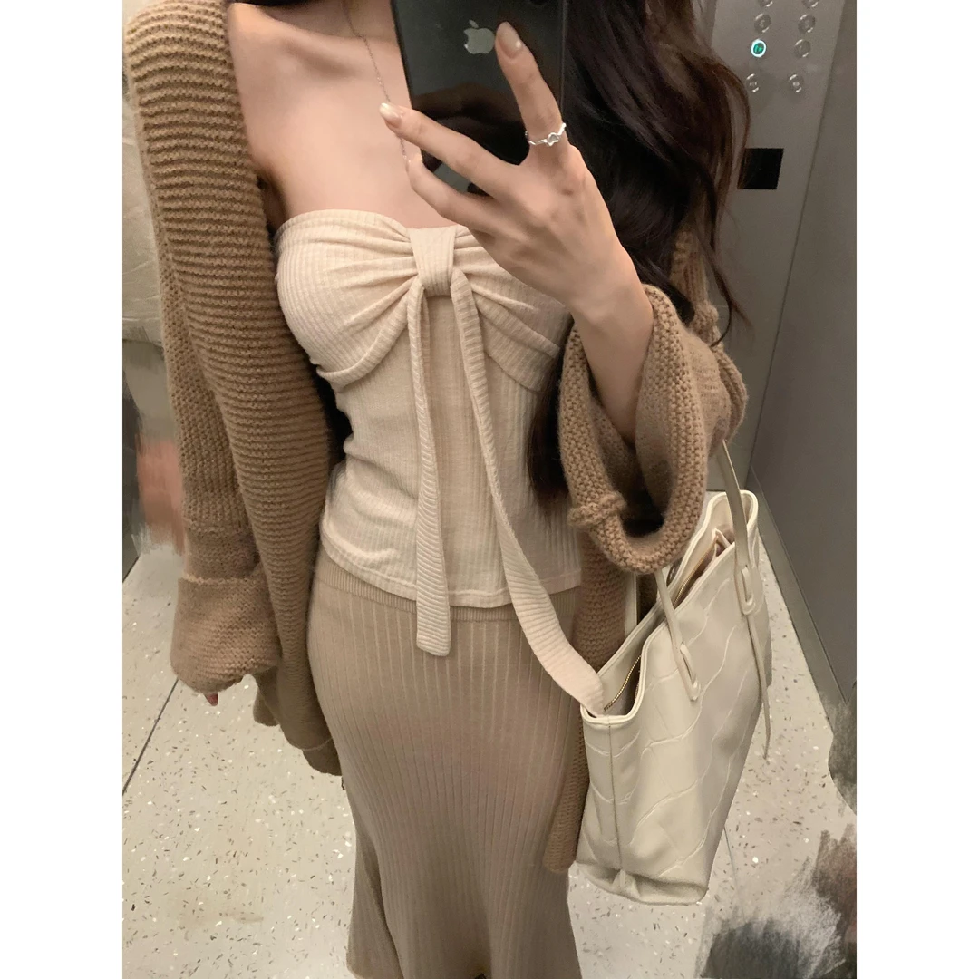 入秋新款慵懒风软糯针织外套开衫甜辣妹别致设计蝴蝶结抹胸上衣潮