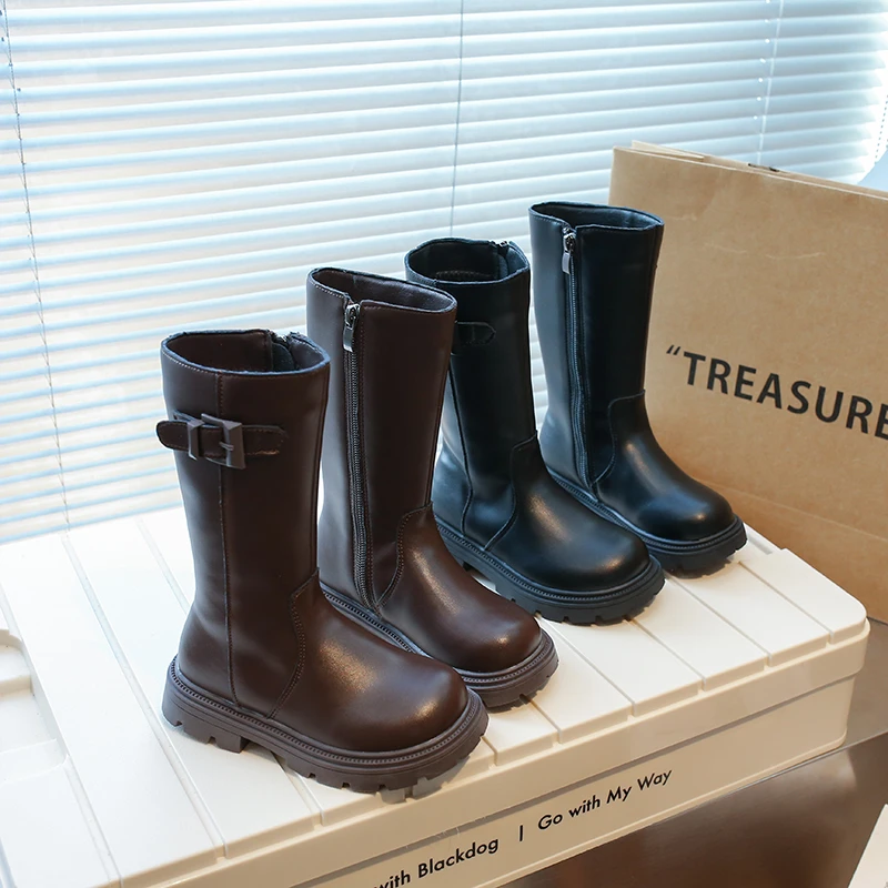 韩版童鞋25秋冬新款女童加绒高筒靴儿童烟筒靴二棉靴子骑士靴7999