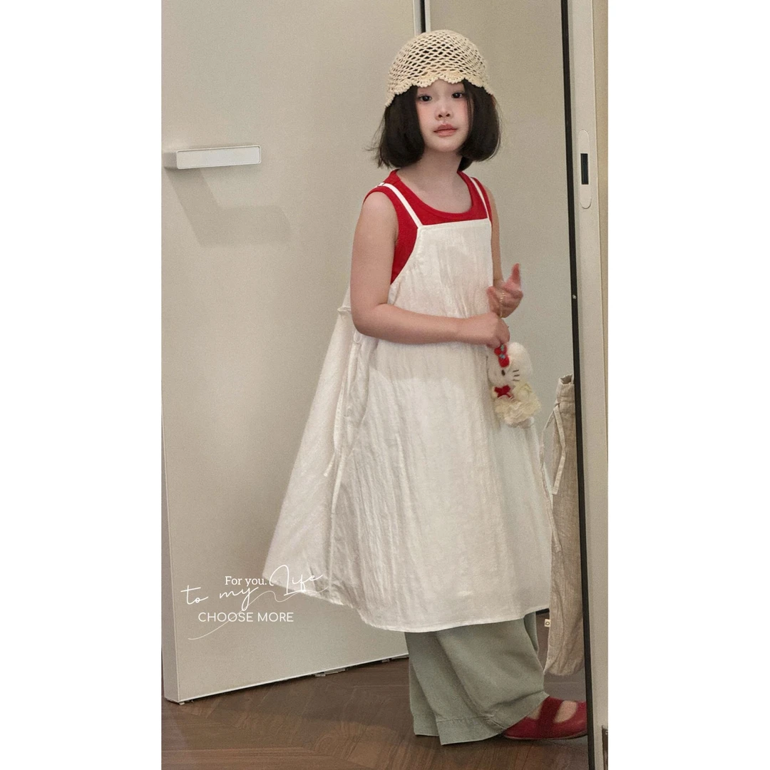 CHOOSE MORE25夏季新款女童坑条背心＋白色吊带长裙＋丝质牛仔裤