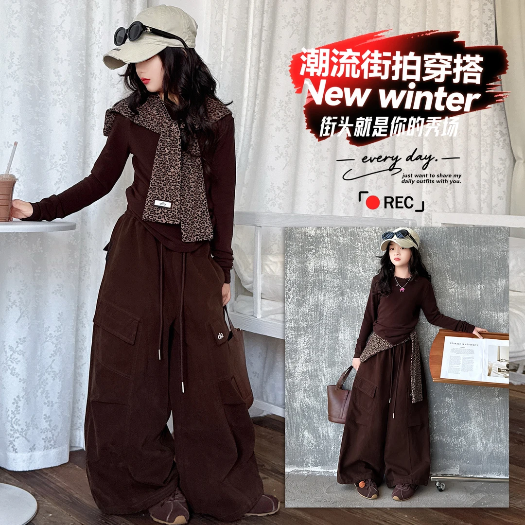 【嘻嘻柚】女童中大童秋装美式复古美拉德色系披肩上衣工装裤套装潮