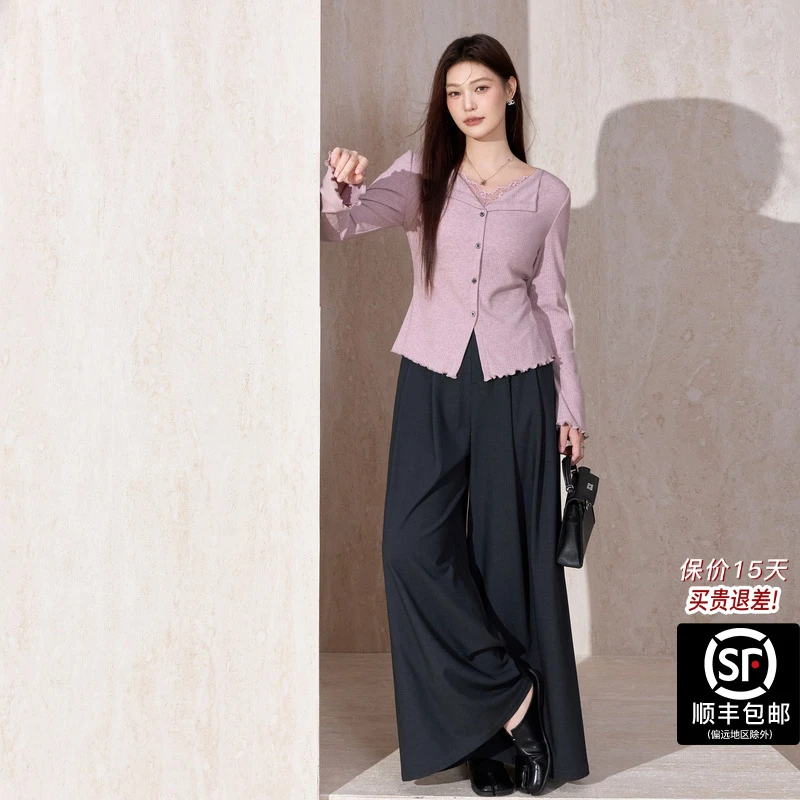 大码女装紫色V领蕾丝针织衫2025秋冬季修身显瘦长袖翻领T恤套装