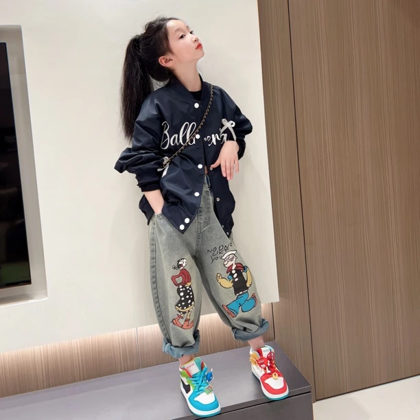 女童外套2025新款儿童棒球服中大童洋气宽松上衣春装休闲牛仔裤