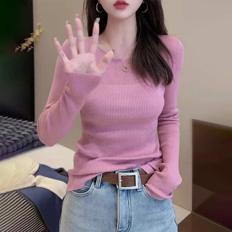 休闲百搭打底衫粉色长袖针织衫女春秋简约风修身显瘦减龄气质上衣