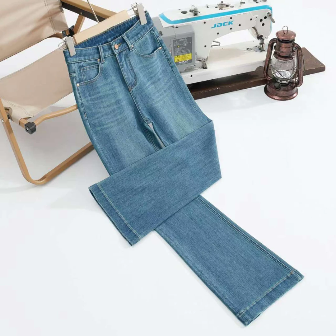 冰雾蓝筒喇牛仔裤女2025春季新款弹力中高腰显瘦直筒四面弹不掉色