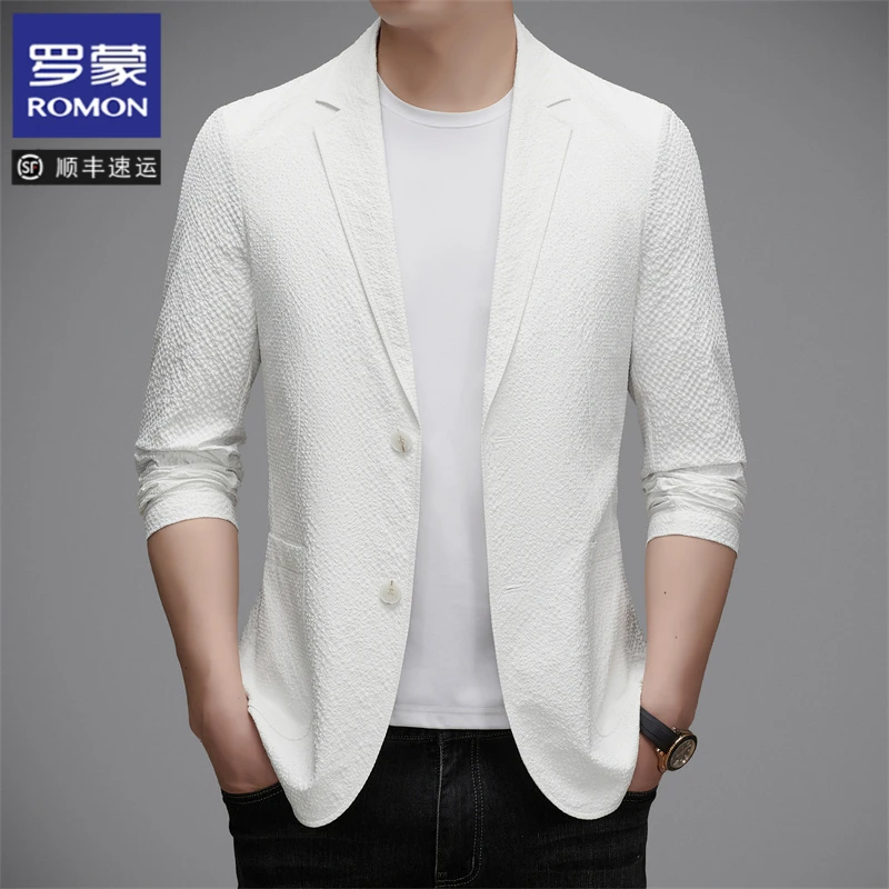 罗蒙春夏季薄款防晒西服男士商务纯色轻薄皮肤衣冰丝休闲防晒西装