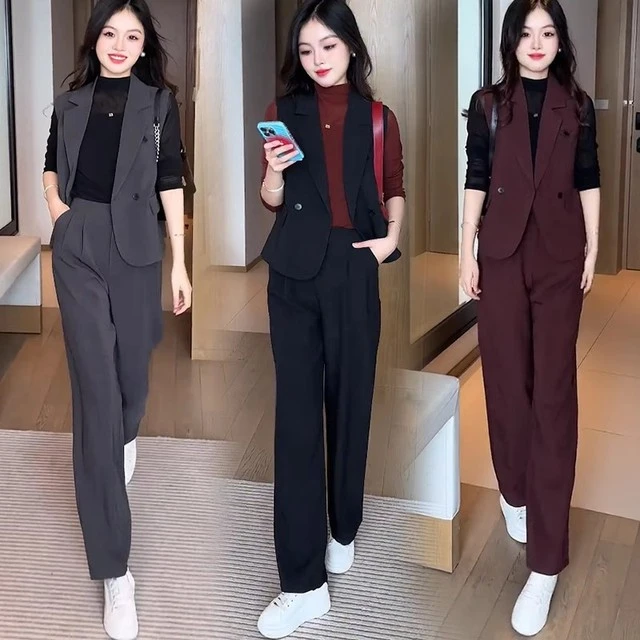 时尚套装女2025春秋新款洋气减龄西装马甲打底衫阔腿裤休闲三件套