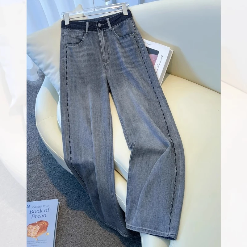 浅色高级感牛仔裤女春秋2025新款高腰显瘦阔腿裤九分加绒直筒裤子