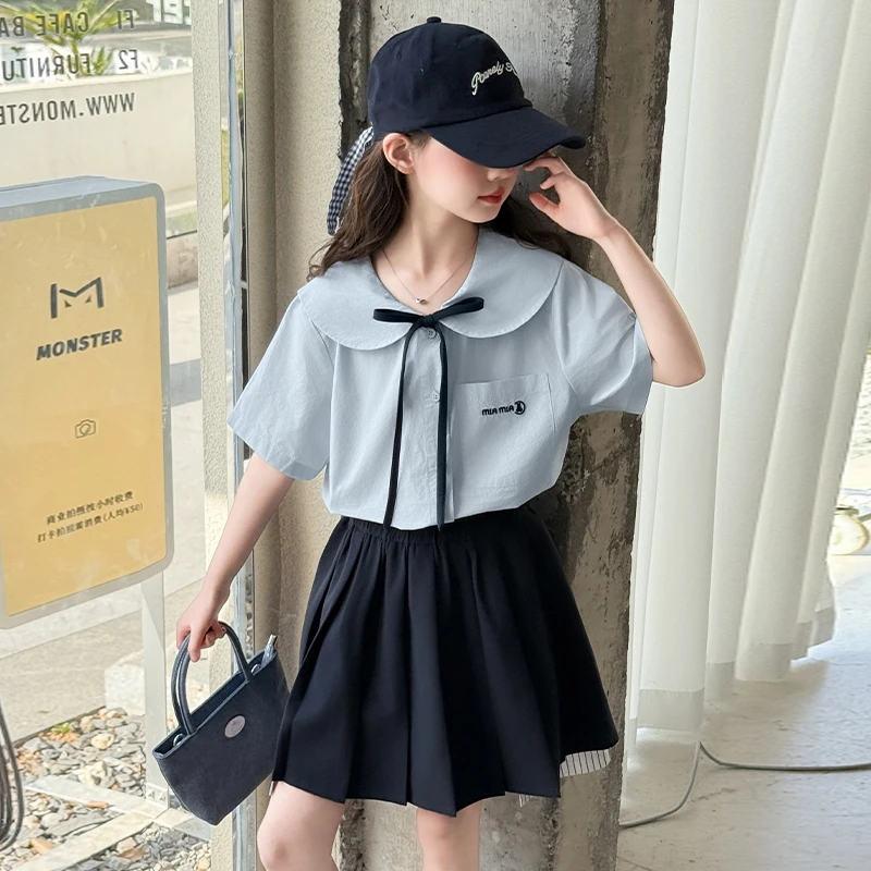 女童夏款学院风百褶裙套装2025新款中大童韩版时髦洋气学生两件套