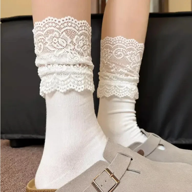 袜子女秋季薄款拼接蕾丝袜百搭白色中筒袜甜美少女芭蕾风堆堆袜