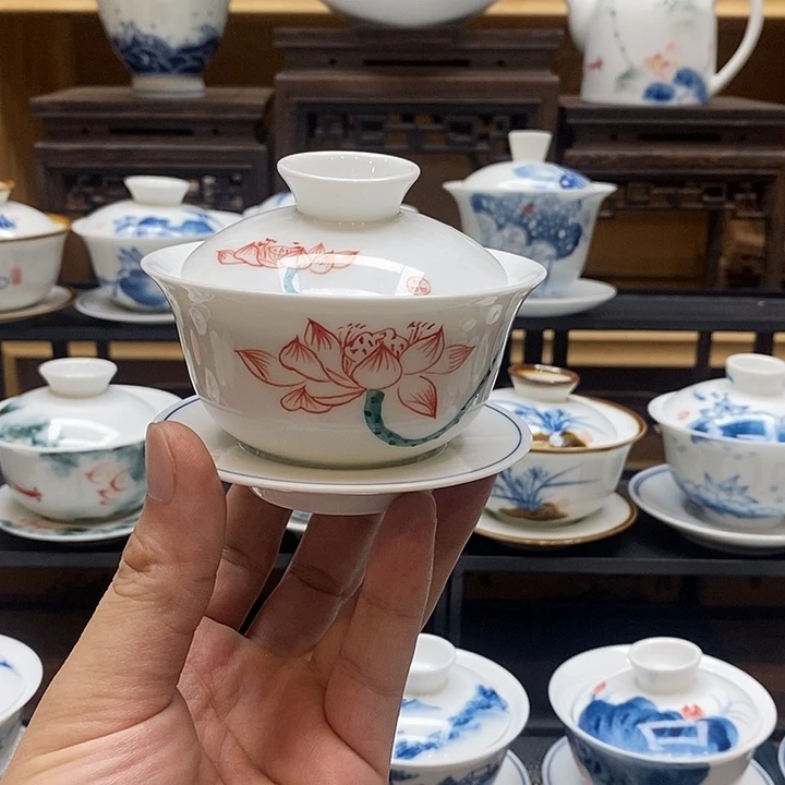 手绘茶具荷花盖碗