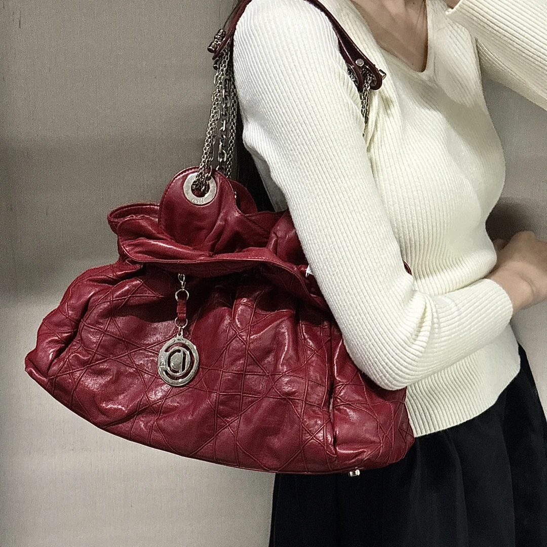 99新 DIOR/迪奥 红色藤格纹云朵链条包