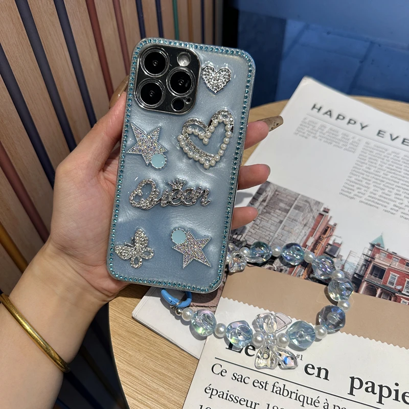 日韩ins简约高级蓝色星星手机壳适用苹果15华为oppo小米vivo钻边