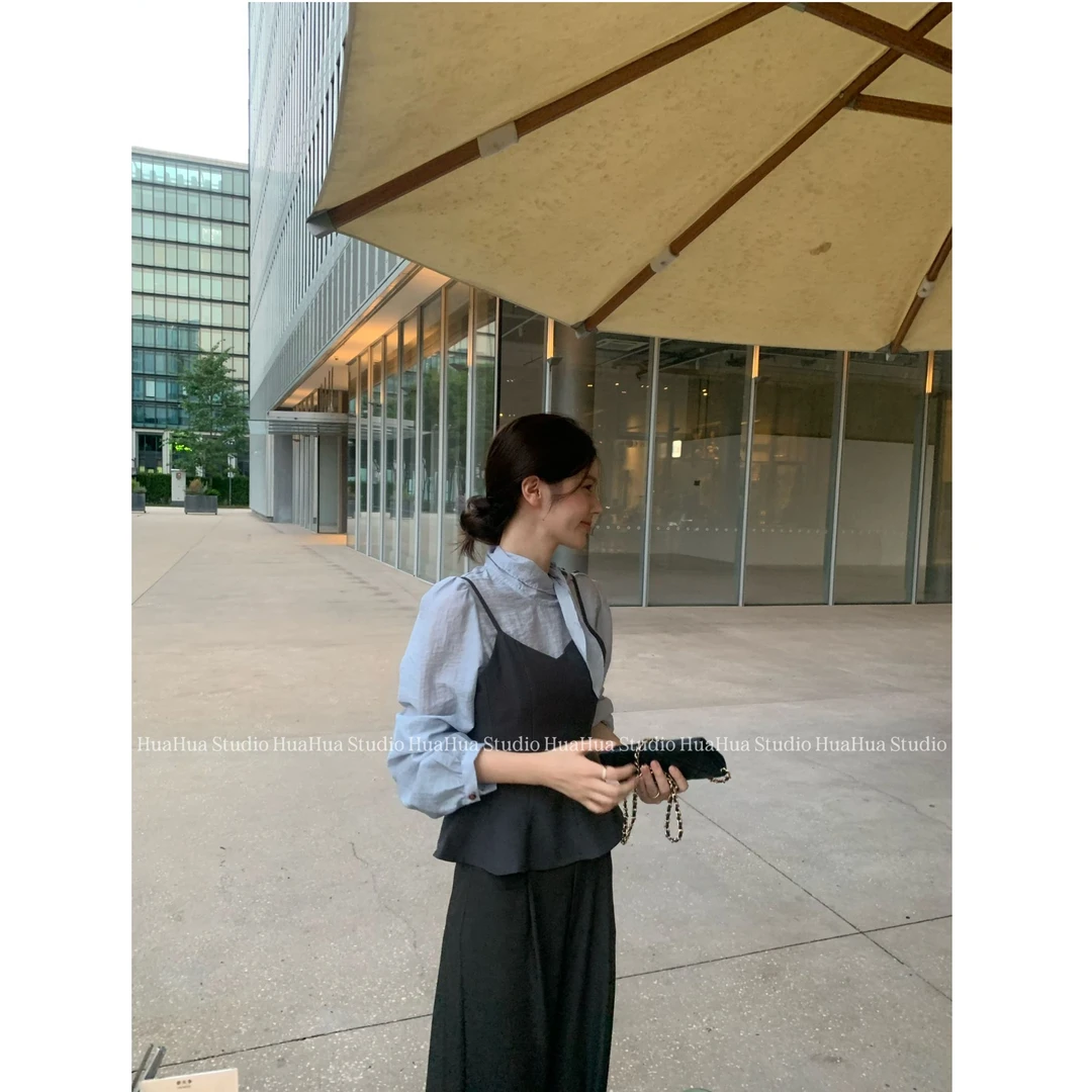 【花花】可鲁千金~韩系荷叶边吊带上衣+气质系带蝴蝶结衬衫两件套