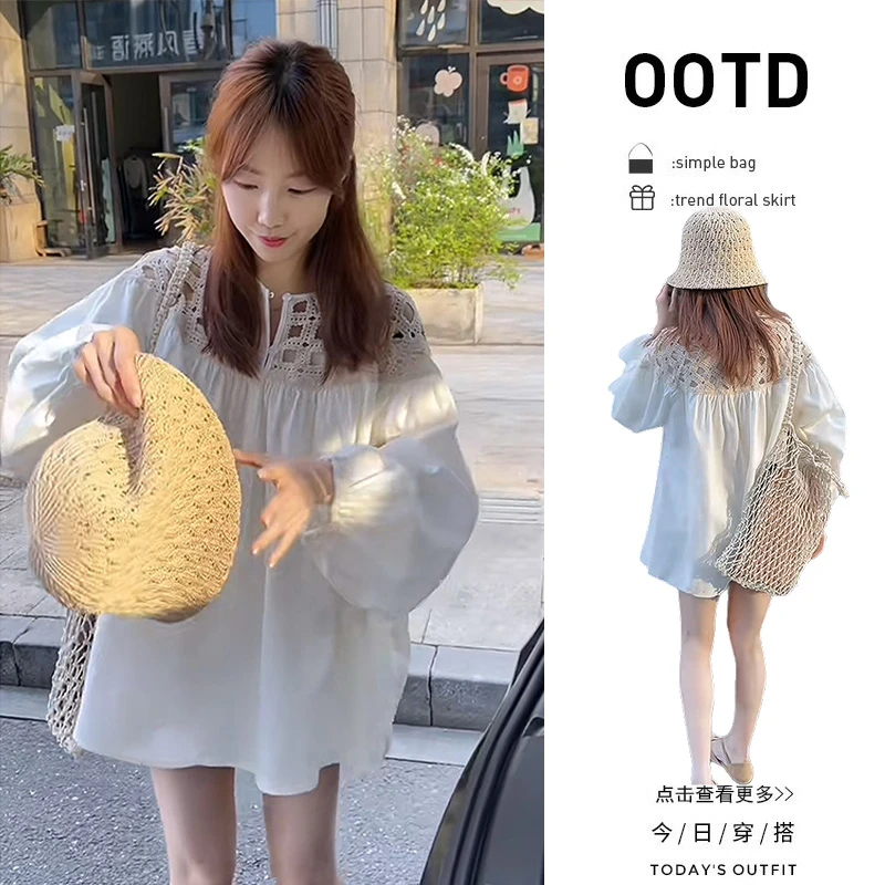 初春穿搭一整套女装2025新款韩版白色蕾丝衬衫高腰阔腿短裤两件套