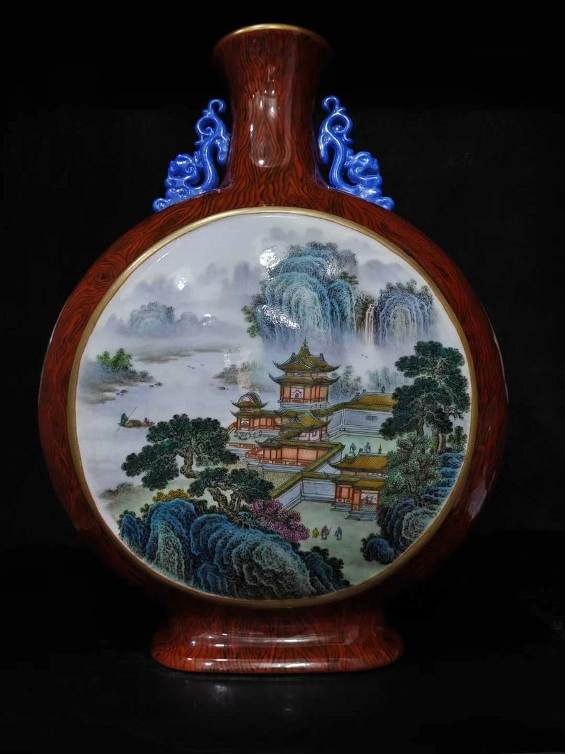 青花粉彩花鸟纹如意耳扁瓶