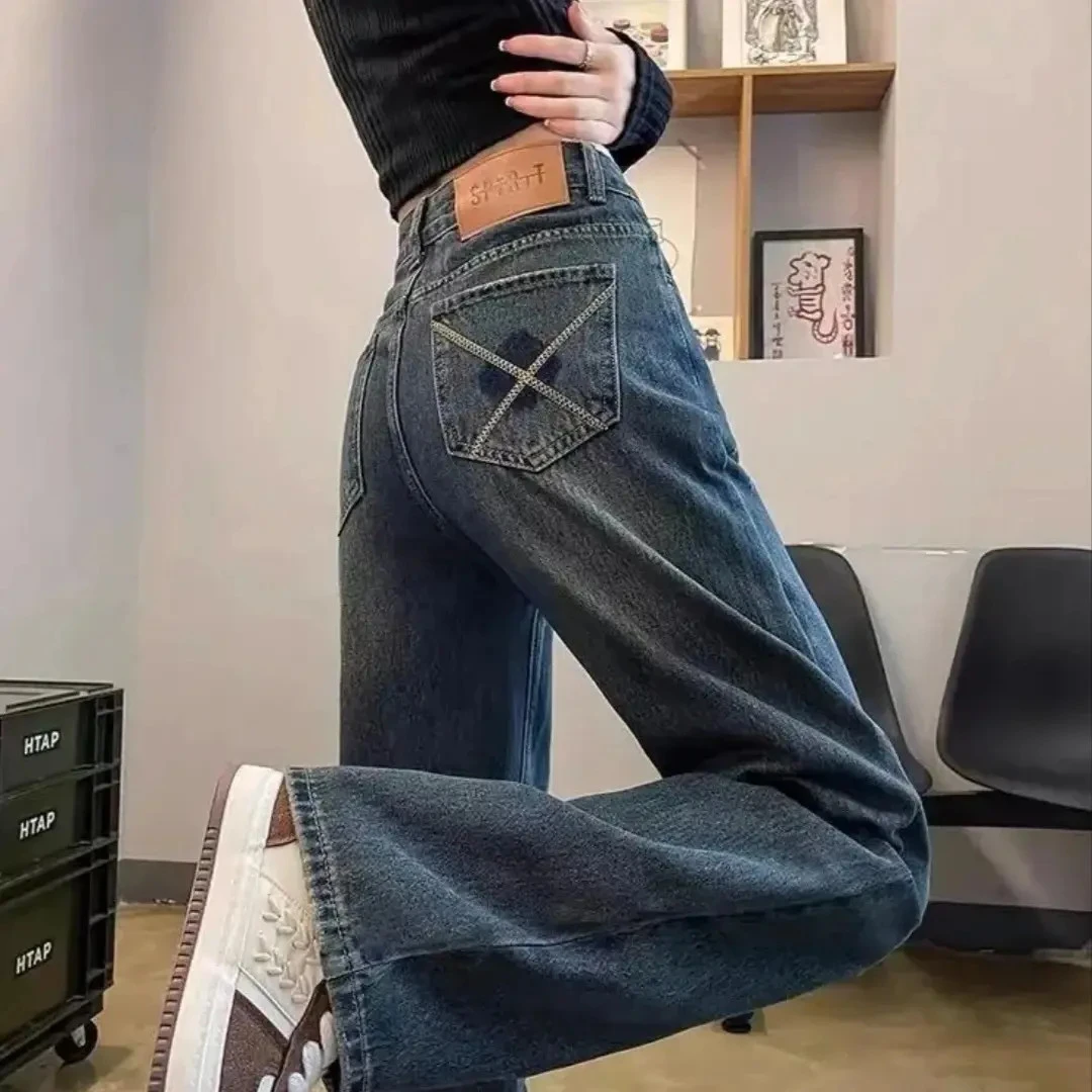 【现货+运费险】水泥灰阔腿牛仔裤女秋季春装后口袋交叉刺绣拖地裤