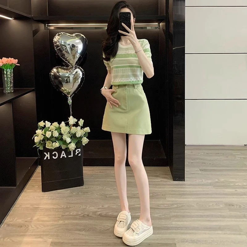 条纹提花短袖针织衫女夏季显瘦上衣防走光牛仔半身裙A字短裙套装