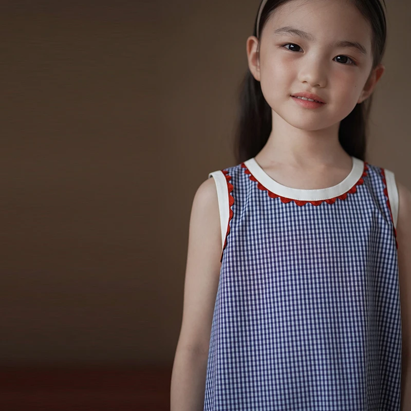 哈齿童装儿童夏装薄款亲肤棉质复古格子背心裙女童撞色连衣裙女孩