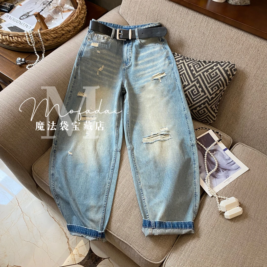 【魔法袋】浅蓝色无弹加长弯刀裤女宽松个性破洞露肉夏季新款牛仔裤