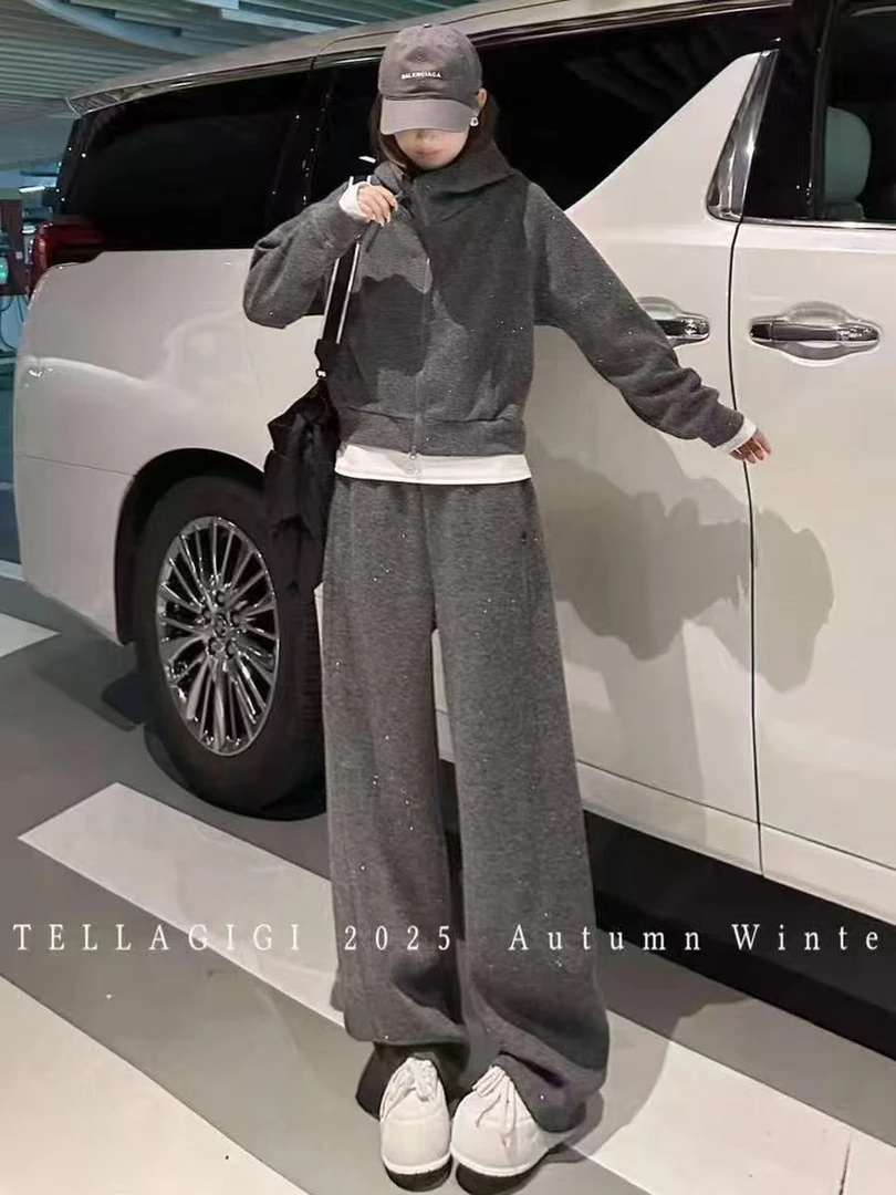 2025新款别致韩系时尚设计气质欧货撒星款连帽外套+裤子套装1828