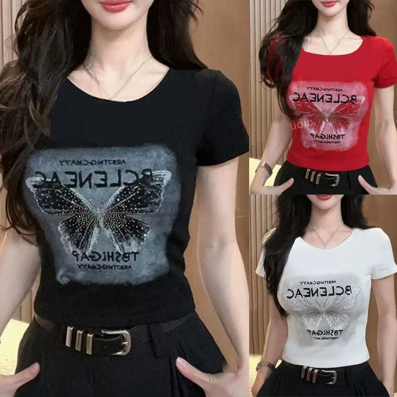 夏季广场舞服装新款弹力烫钻夏季薄款短袖棉运动健身跳鬼步舞蹈衣