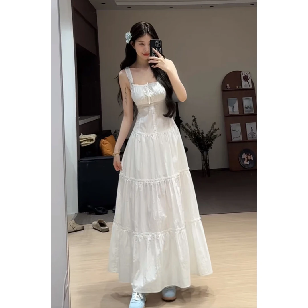 舒胡蕾 白铃兰 夏季新款初恋方领吊带小白裙气质显瘦连衣裙收腰
