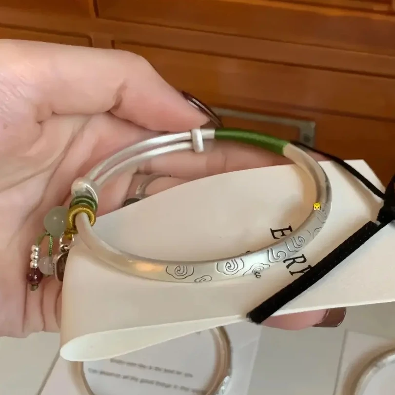 足银手镯 祥云编绳999纯银手镯女复古实心镯子送女生手工生日礼物