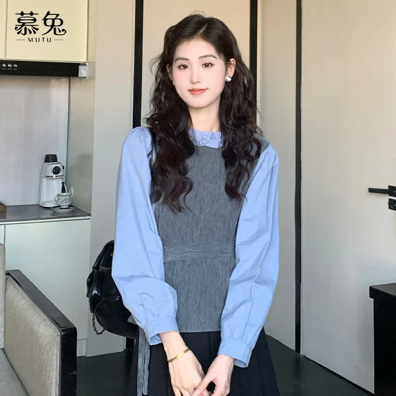 慕兔法式木耳边假两件衬衫女2025春季新款别致设计感小众收腰上衣